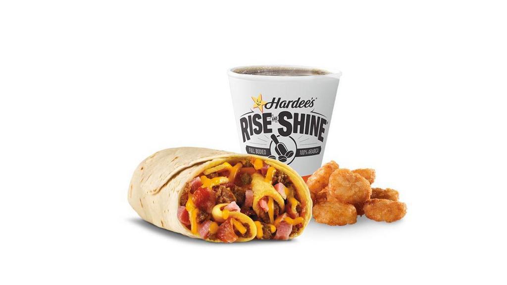 Loaded Breakfast Burrito Combo · Loaded omelets filled with crumbled sausage, bacon, ham and cheddar cheese, topped with more cheddar cheese wrapped in a warm flour tortilla. Served with Hash Rounds® and a Beverage.. Breakfast served until *10:30am (*Hours may vary by day)