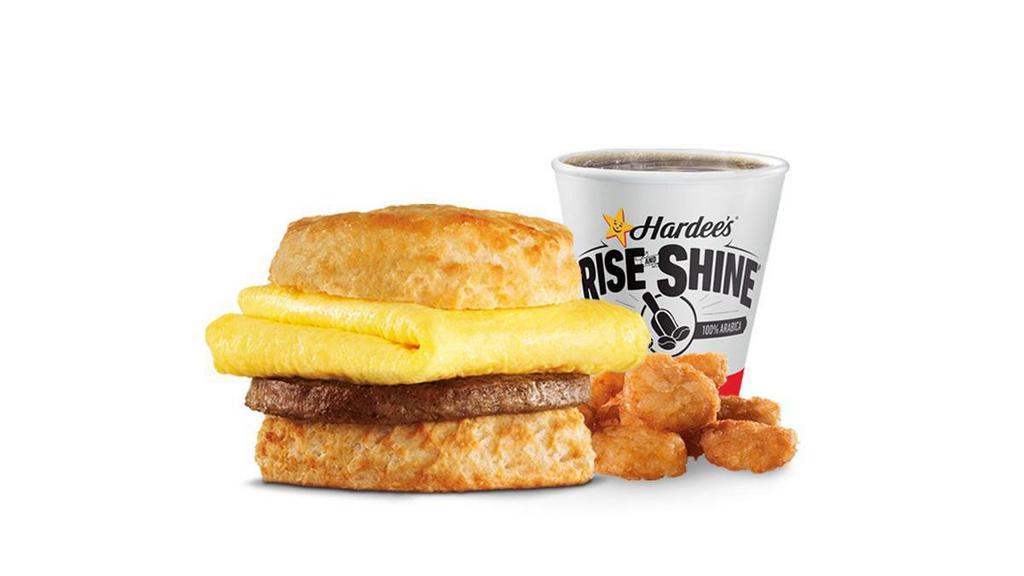 Sausage & Egg Biscuit Combo · A grilled sausage patty and folded egg on a Made from Scratch Biscuit™. Served with Hash Rounds® and a Beverage.. Breakfast served until *10:30am (*Hours may vary by day)