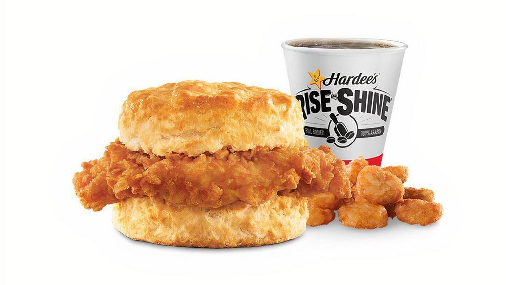 Hand-Breaded Chicken Biscuit Combo · A tender all-white meat chicken breast, battered and breaded in our crispy coating on Made from Scratch Biscuit™. Served with Hash Rounds® and a Beverage.. Breakfast served until *10:30am (*Hours may vary by day)