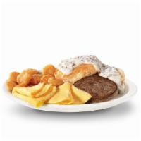 Hardee Breakfast Platter® With Sausage · Made From Scratch™ Biscuit ‘N’ Gravy, 2 folded eggs, Hash Rounds® and a choice of: Bacon, Sa...