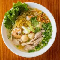 Mì (Egg Noodle Soup) · Egg noodle soup. Includes chicken, shrimp and fish meatballs.