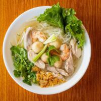Hủ Tiếu  (Rice Noodle Soup) · Rice noodle soup. Includes chicken, shrimp, and fish meatballs.