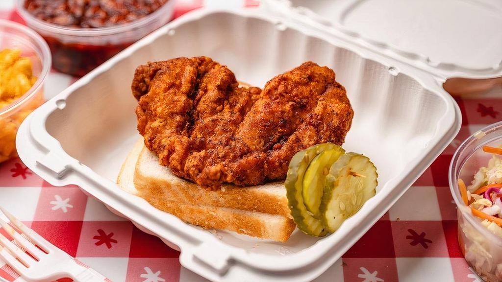 Boneless Breast · Boneless white breast served with a slice of white bread + pickles. Add sides to make it a meal.