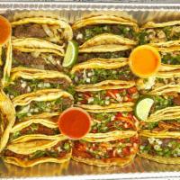 Doña Meche Box · 5 Carne Asada Tacos, 5 Chicken Tacos, 5 Shrimp Tacos, Chips and Queso (Salsa for Tacos) 3 Ho...
