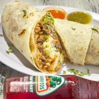 Pollo / Grilled Chicken Burrito · Flour tortilla 14 inches, rice beans, grilled chicken, lettuce, shredded cheese, pico de gal...