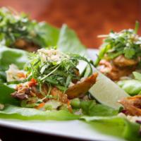 Lettuce Wraps · pulled, oven-roasted chicken glazed with hoisin sauce, on top of crunchy, organic Asian slaw...