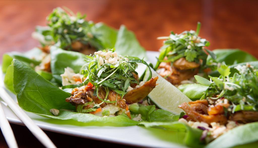 Lettuce Wraps · pulled, oven-roasted chicken glazed with hoisin sauce, on top of crunchy, organic Asian slaw served on local hydroponic butter lettuce, topped with chopped peanuts.
