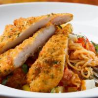 Chicken Caprese Rosa · crispy all-natural parmesan chicken breast topped with melted fresh mozzarella, on a bed of ...