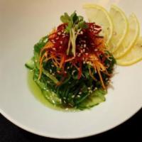 Vegan Seaweed Salad · seaweed, cucumber, carrot, daikon, sesame seeds.