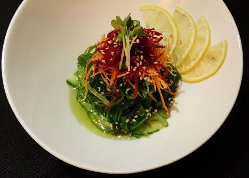 Vegan Seaweed Salad · seaweed, cucumber, carrot, daikon, sesame seeds.
