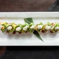 Bamboo Bite Roll · Crunchy tempura shrimp, cream cheese topped with avocado, jalapeño, with hibachi and unagi s...
