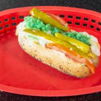 Chicago Dog · Toppings: mustard, tomato, cucumber, relish, onion, celery salt, pickle spear and sport pepp...