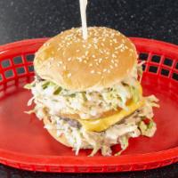 Firehouse Burger · Two regular sized burger patties on a double decker bun, cheese on one burger, Firehouse sau...