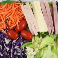 Chef Salad · Mixed Greens, Hard boiled egg, Ham, Turkey breast, Grape Tomatoes, Cheddar and Monterey Jack...