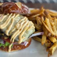 Veggie Burger · Homemade veggie patty with beans, lettuce, onion, tomato, chipotle mayo, and pepperjack chee...