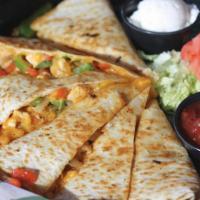 Chicken Quesadilla · Warm tortilla filled with onion, green peppers, chicken and cheddar cheese. Served with sour...