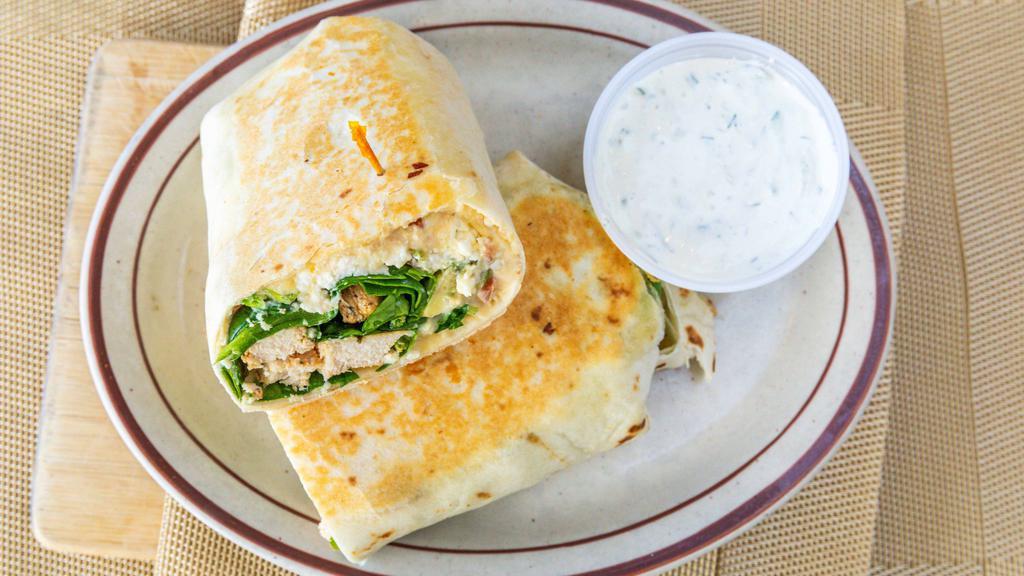 Mediterranean Wrap -O · Grilled Chicken, Spinach, Feta Cheese, Hummus And Avocado