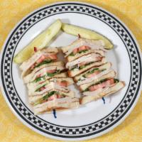 Super Club · Triple decker club sandwich with lettuce, tomato, sliced turkey, bacon, ham, American cheese...