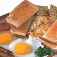 Two Eggs & Meat (160-840 Cal) · With (4) bacon or (4) sausage links or (2) patties or ham.
