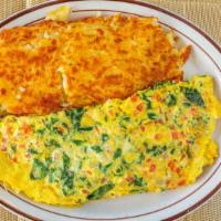 Spinach Omelette -O · Fresh Spinach, Onion, Tomato, Hash Brown, Toast & Jelly