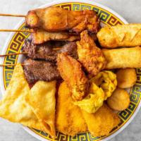 Pu Pu Platter (16) · 2 egg roll, 2 fried wonton, 2 scallops, 2 chicken wing, 2 fried shrimp, 2 teriyaki beef, 2 c...