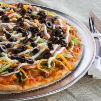 Large Taco Pizza · Chunky salsa, ground beef or chicken and Cheddar cheese baked, then layered with sour cream,...