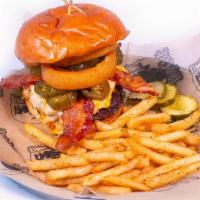 Bar Zee Dbl Smash Burger · pickled jalapeños, hickory-smoked bacon, house-made bar. cheese, lettuce, tomato & fried oni...
