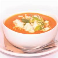 Roasted Red Pepper Gouda Bisque {Vt} · a sweet & smoky blend of roasted red peppers, tomatoes, basil & gouda cheese. garnished with...