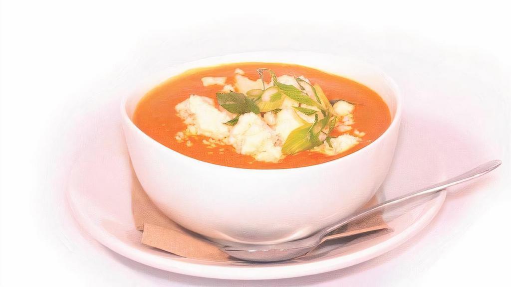 Roasted Red Pepper Gouda Bisque {Vt} · a sweet & smoky blend of roasted red peppers, tomatoes, basil & gouda cheese. garnished with queso fresco