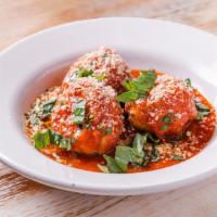 Meatballs · Three housemade veal meatballs in tomato sauce. Contains gluten, dairy, nightshades, eggs. W...