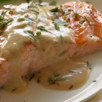 Salmon Dinner · Seasoned and grilled to perfection topped with dill sauce