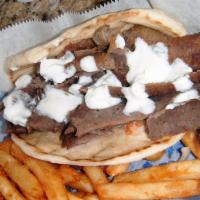 Gyro · Lamb, beef, onions, tomatoes and cucumber sauce.