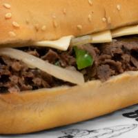 Large Philly Cheesesteak · Steak, melted cheese, green peppers, onions.