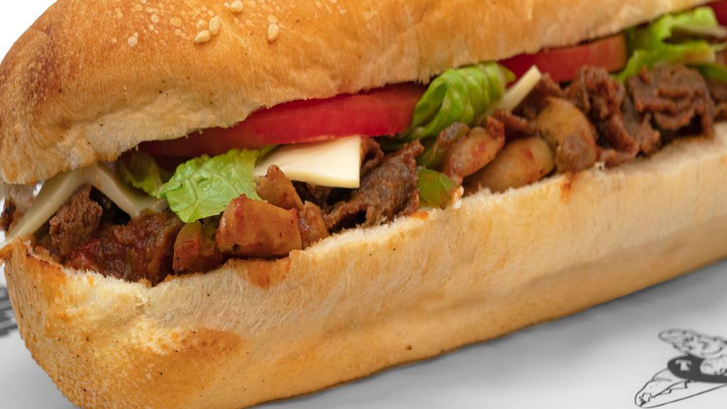 Small Loaded Steak · Steak, cheese, pizza sauce, mushrooms, green peppers, onions, lettuce, tomatoes, tubby's famous dressing.
