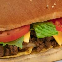 Large Beef Taco · Taco seasoned burger, Cheddar cheese, taco chips, onions, lettuce, tomatoes and topped with ...