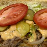Large Big Tub · Grilled burger topped with American cheese, thousand island dressing, pickles, and all the f...