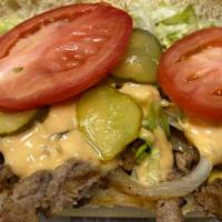 Small Big Tub · Grilled burger topped with American cheese, thousand island dressing, pickles, and all the f...