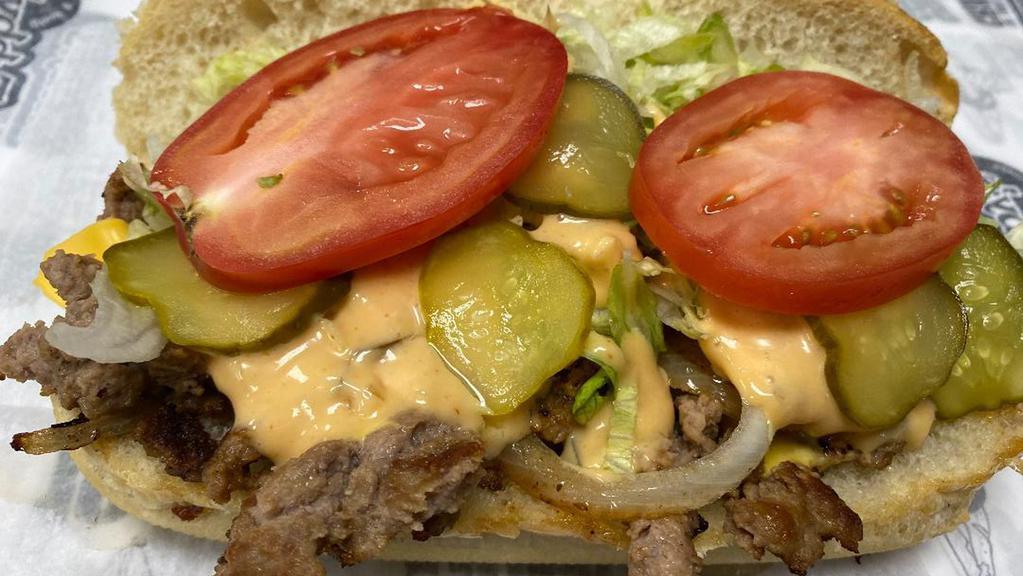 Small Big Tub · Grilled burger topped with American cheese, thousand island dressing, pickles, and all the fixings.