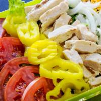 Grilled Chicken Salad · Lettuce, julienne chicken, Cheddar cheese, onion, tomato with your choice of dressing, ranch...
