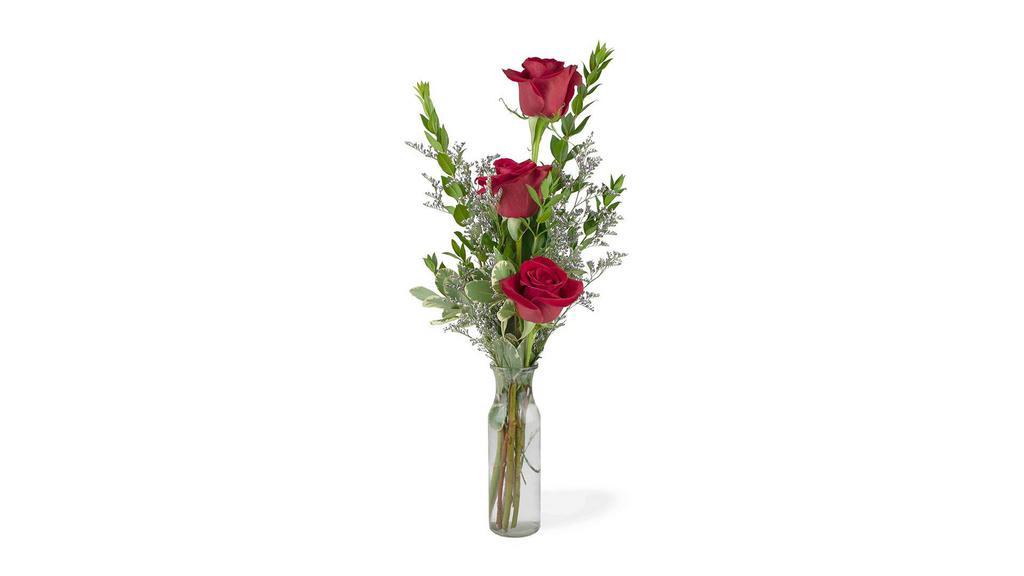 Classic Cheer · You can’t go wrong with roses. Three beautiful red roses in a simple bud vase.