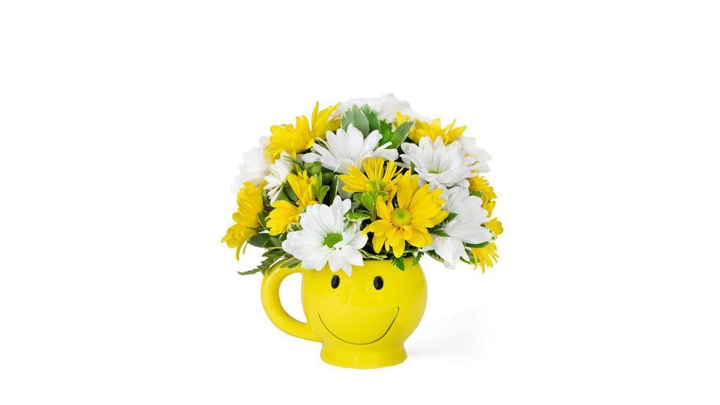 Sunshine · Yellow and white daisies arranged in a cute smiley face mug.