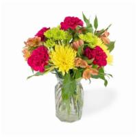 Brighten Your Day · Sunshine in a vase! A bright arrangement of hot pink, yellow, green, and orange blooms.