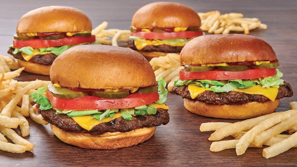 Burger Meal Deal - Save Over $5! · 4 All Beef Cheeseburgers on brioche rolls with lettuce and tomato,  plus 4 small French fries