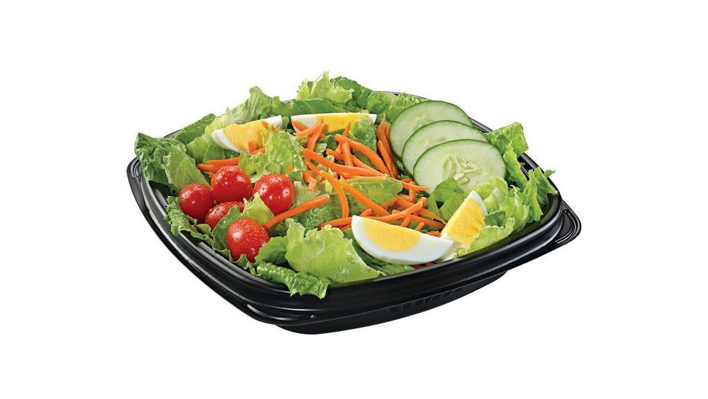 Gtg Garden Salad With Chicken · Comes with grilled chicken, tomatoes, carrots, cucumbers, hard boiled egg, cheddar cheese, and croutons with ranch dressing.