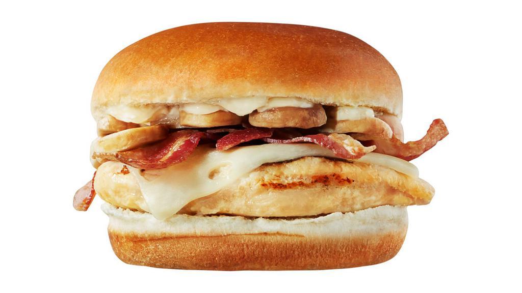 Grilled Chicken Sandwich With Mushroom, Bacon & Swiss · A grilled chicken filet on brioche bun with swiss, bacon, mushroom, and mayo.
