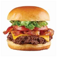 Bacon Cheddar Burger · A burger with bacon, cheddar, lettuce, tomato, ketchup, and mustard on a brioche bun with ch...