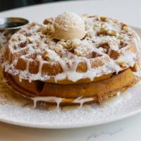 Sin-A-Mon Waffles · Two Belgium waffles, sin-a-mon filling, vanilla glaze, cinnamon butter goodness, and maple s...
