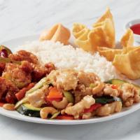 2 Entree Dinner With 2 Appetizers  · 2 entrées, rice or noodles, 2 appetizers, fortune cookie 765-1415 cal