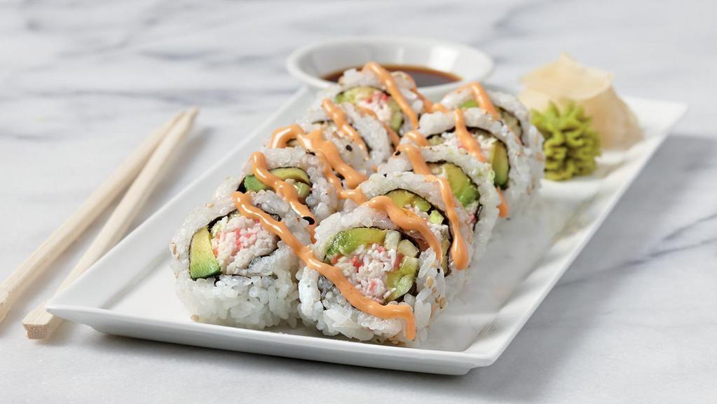 Spicy California Roll  · Sushi rice, nori, roasted sesame seeds, imitation crab mix, avocado, cucumber, spicy sauce, soy sauce, ginger and wasabi 10 pcs (470 cal.)