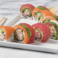  Rainbow Roll  · Sushi rice, nori, roasted sesame seeds, imitation crab mix, avocado, cucumber, topped with t...